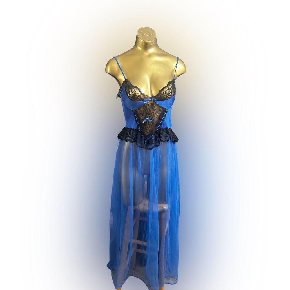1960s  Bernette NY Blue Lace Sheer Chiffon Maxi Dress Nightgown - Small